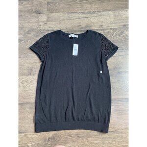 NWT Womens Loft crochet short sleeve black‎ blouse linen cotton MSRP $44 size S